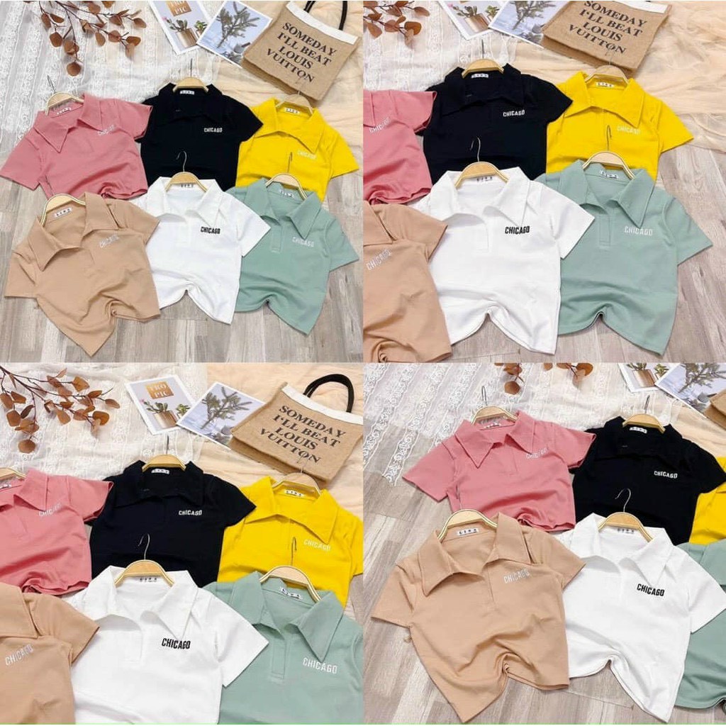 Áo Croptop Thun Cổ Trụ Ngắn Tay Kèm In Chữ CHICAGO Dễ Thương TTSLA0733