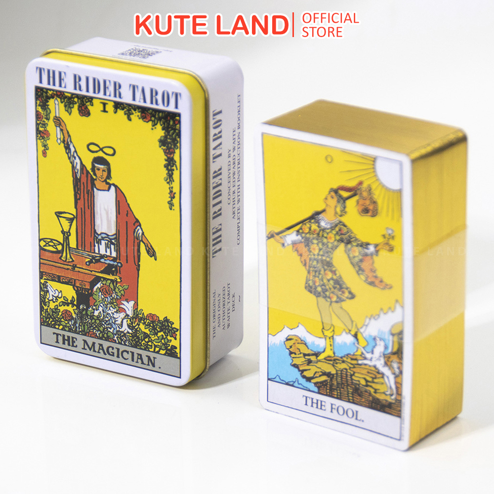 Bộ bài rider waite tarot hộp thiếc mạ cạnh vàng 78 lá tặng link tiếng việt và đá thanh tẩy