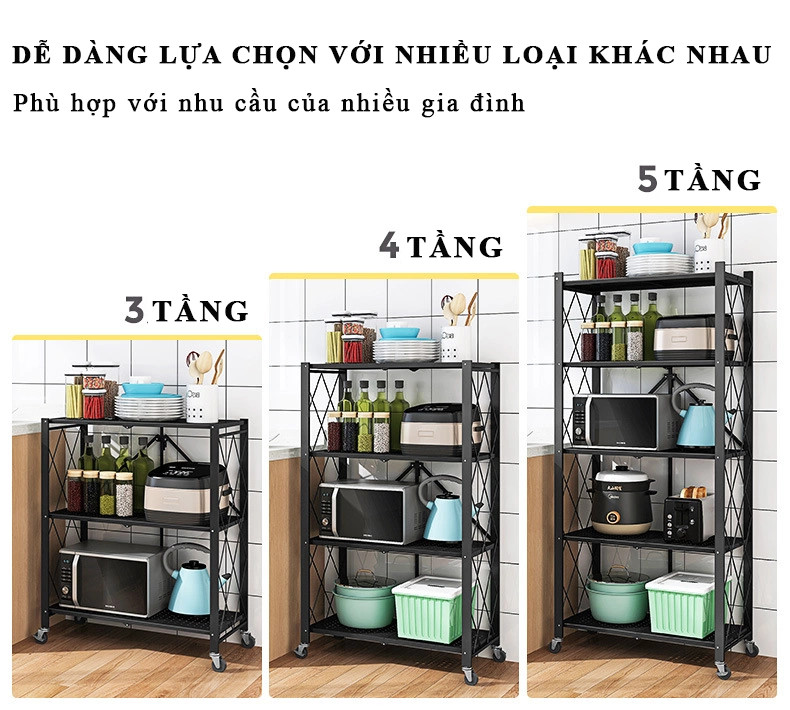 [GẤP GỌN CÓ BÁNH XE] Kệ Gấp 3/4/5 Tầng-Kệ Đựng Đồ Đa Năng Gấp Gọn - Kệ nhà bếp, kệ trang trí, giá để sách - Sức Chứa Gấp 2,5 Lần - Gấp Siêu Mỏng Chỉ 8 Cm - Có Bánh Xe Xoay 360 Độ - Giá để đồ sơn đen tĩnh điện 3 lớp