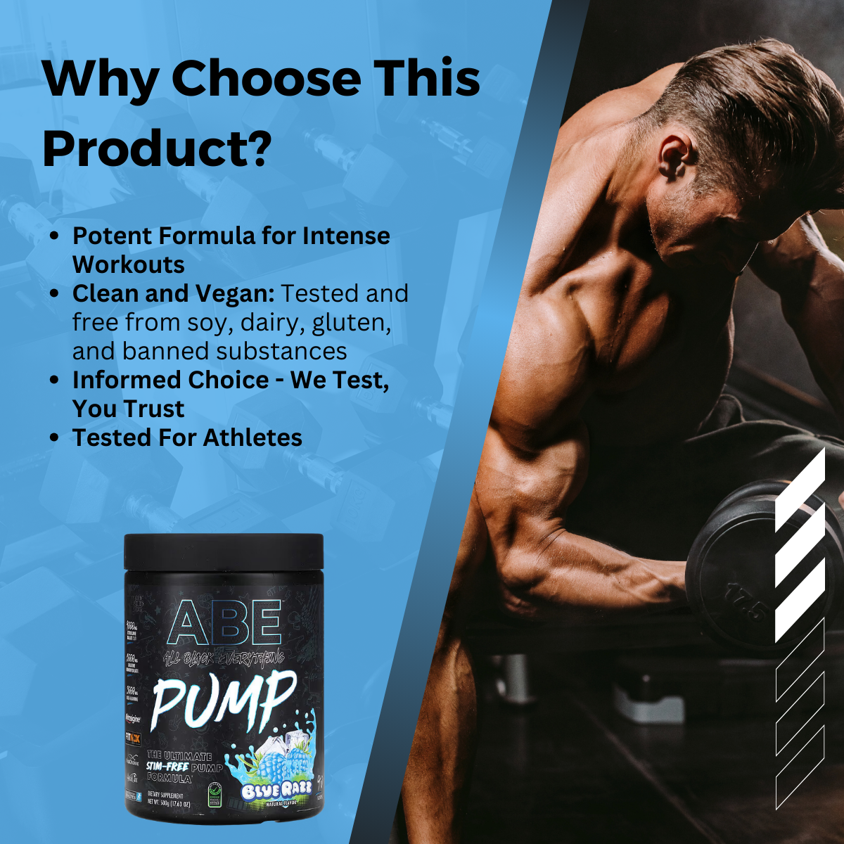 Why Choose ABE, Pump, Stim-Free Pre Workout Powder, Various Flavor, 17.63 oz (500 g)