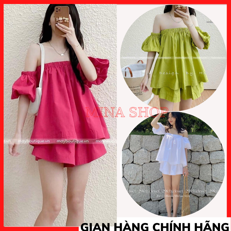 Set bộ trễ vai nữ tay bồng 🦋 set quần short ống rộng kèm áo hở vai 3 màu ,áo trễ vai tay bồng ,áo trễ vai bánh bèo minashop
