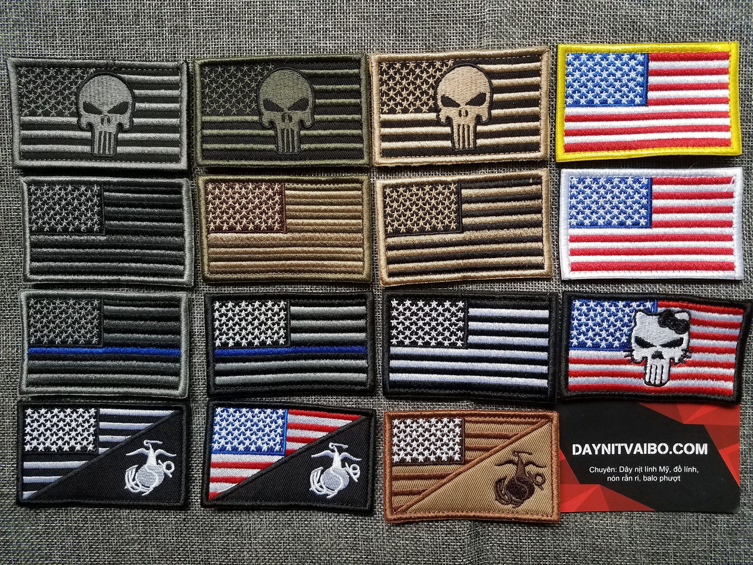 Patch velcro tem logo cờ US cờ UK dán xé patch velcro vải chỉ thêu cờ Mỹ đủ màu, cờ Mỹ viền vàng, cờ Mỹ seal, US marines, hình đầu lâu punisher