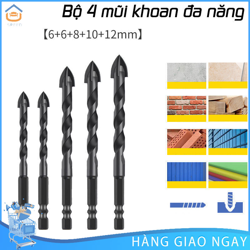 SP Bộ 5 mũi khoan đa năng chân lục giác 4 cạnh thép đen Nhật Kapusi JAPAN 12mm 10mm, 8mm 6mm, khoan kính, thủy đinh, gạch ốp lát, đá hóa cương,khoan gỗ, mũi khoan tường, mui khoan tuong, mui khoan