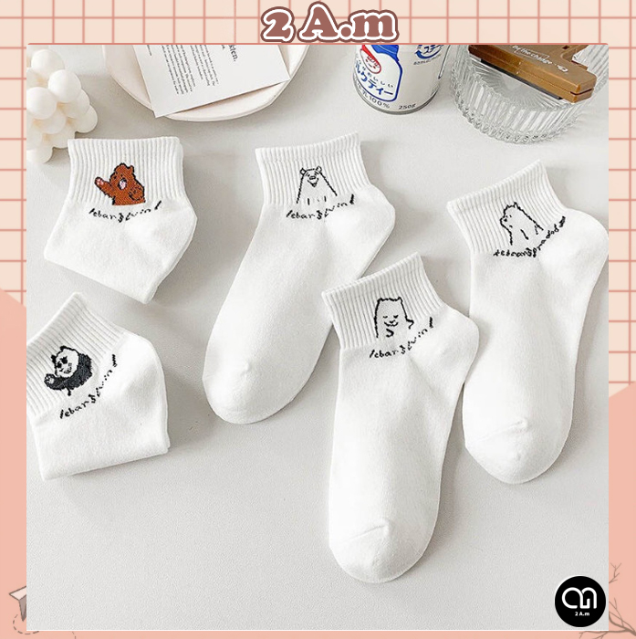 Tất cổ ngắn nữ thời trang hàn quốc - vớ nữ ngắn họa tiết gấu cute màu trắng phong cách hàn quốc