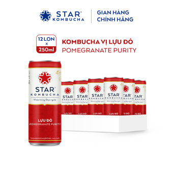 Thùng 12 lon trà STAR KOMBUCHA Lựu Đỏ / Pomegranate Purity (250ml/lon) - Trà lên men vi sinh chứa probiotics giúp bảo vệ sức khoẻ, thanh lọc toàn diện, tăng đề kháng dùng cho mọi lứa tuổi, Chứng Nhận FDA tiêu chuẩn M