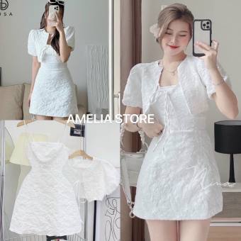 Set Đầm gấm trắng 2 dây dáng xòe chữ A kèm áo cardigan thắt nơ tiểu thư- váy nữ chất gấm xốp hoa nổi sang chảnh2022, đầm nữ midi dáng xòe dễ thương dự tiệc đi chơi- đầm tết, đầm babydoll nữ  đi đám cưới hàn quốc,AMELIA