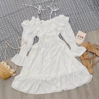 ĐẦM TRẮNG TRỄ VAI HAI DÂY TAY DÀI PHỐI BÈO ĐẦM TIỂU THƯ XINH XẮN