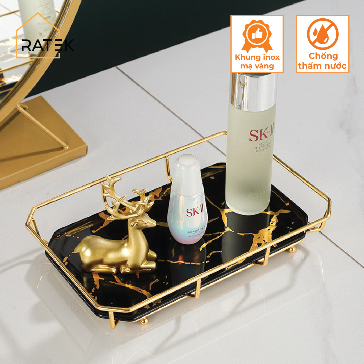 Khay inox mạ vàng đế sứ vân đá để đồ nhà tắm, mỹ phẩm cao cấp