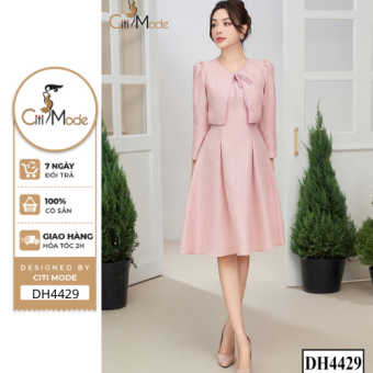 Đầm công sở CITI MODE FASHION thiết kế dáng xoè dạ tweed hồng giả set phối viền DH4429