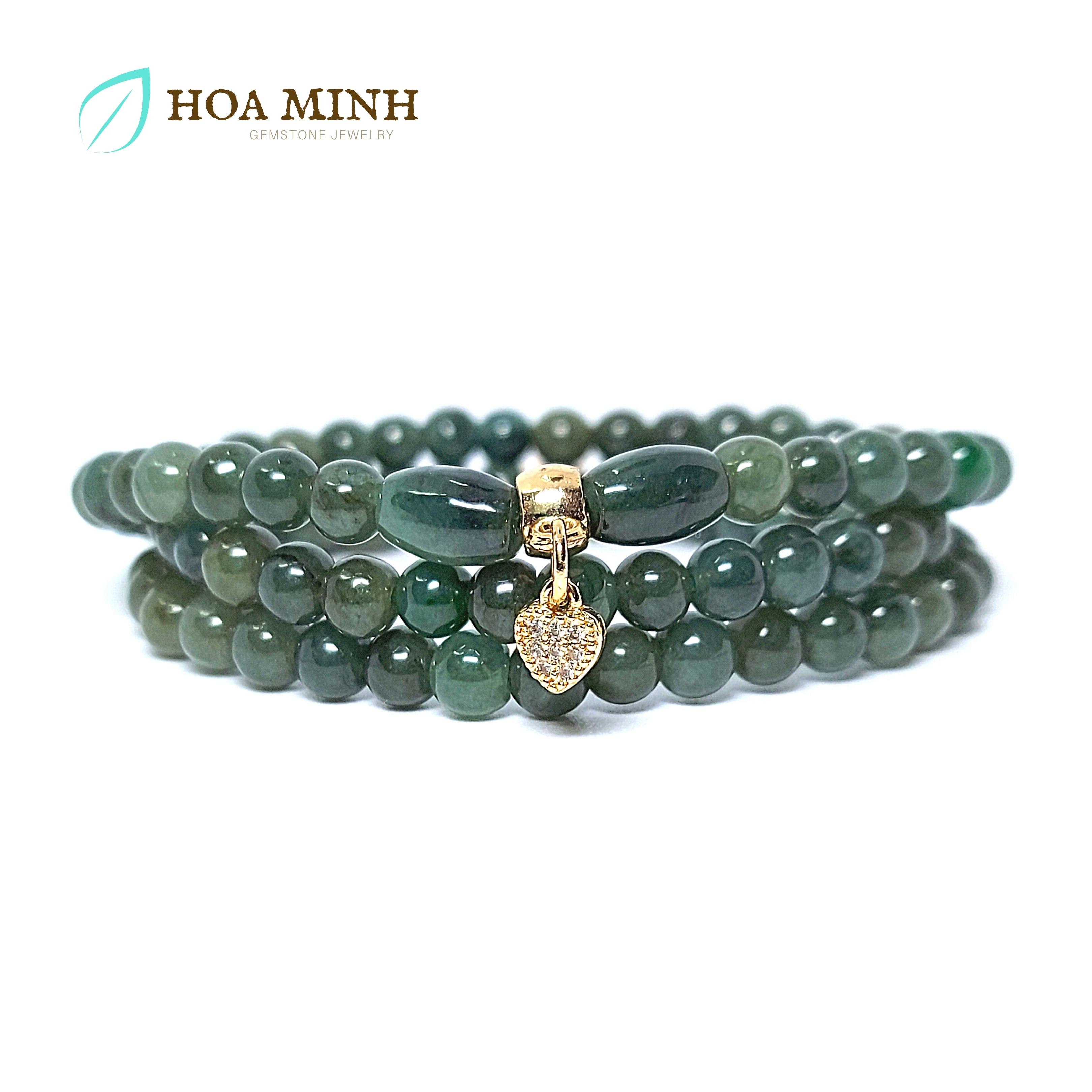 Vòng tay đá Cẩm Thạch Dầu size 5 li quấn 3 vòng, phối charm tim vàng đính đá | Hoa Minh Gem