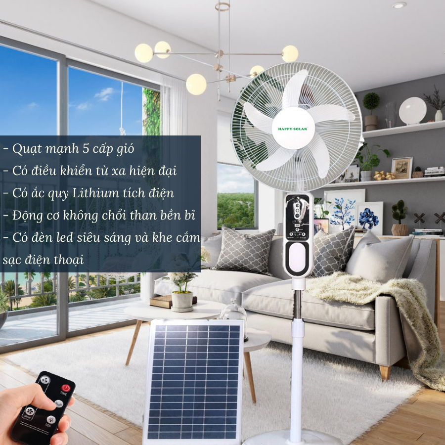 (Tặng đèn led siêu sáng) Quạt năng lượng mặt trời, gió cực mạnh, tích hợp điều khiển từ xa, có ắc quy Lithium lưu trữ điện