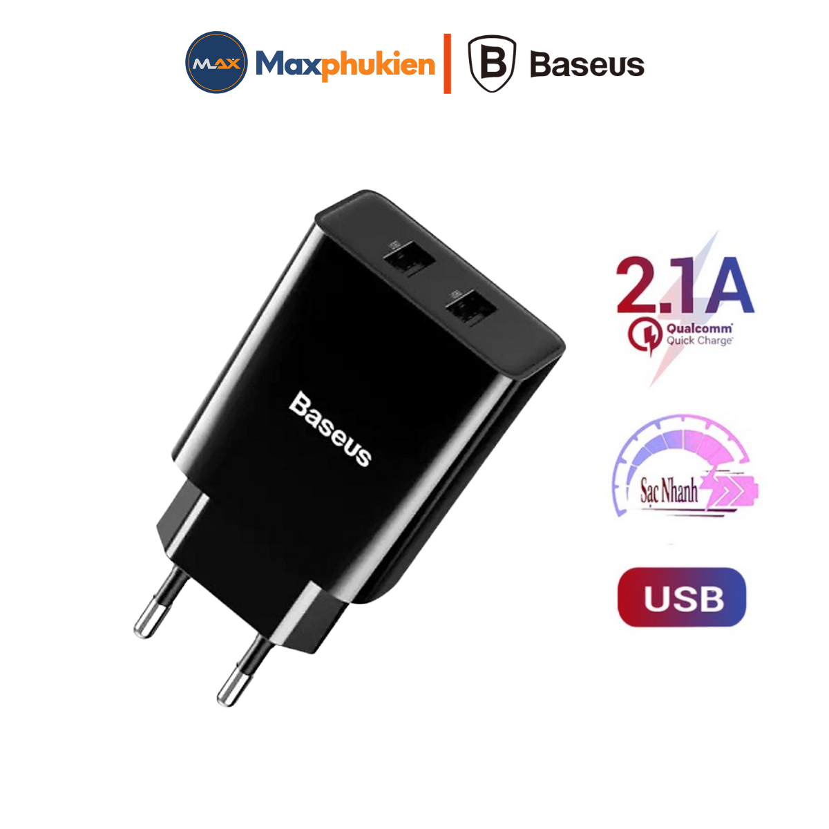 Củ sạc nhanh baseus 2 cổng usb 10.5w 5v 2a cho iphone samsung oppo xiaomi