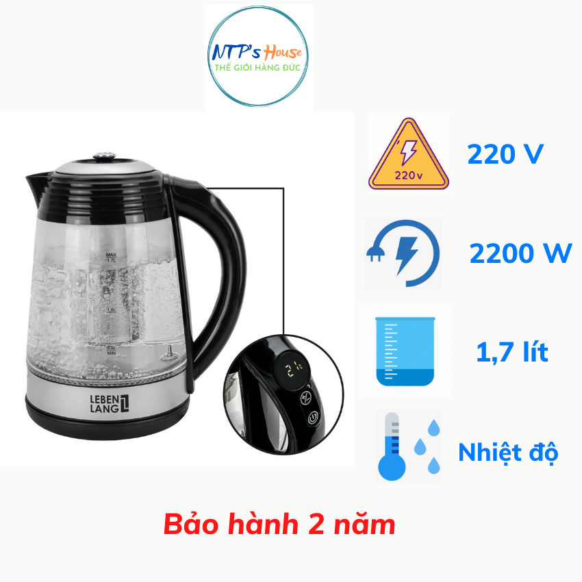 Ấm siêu tốc bình siêu tốc thủy tinh LEBENLANG LBT2676 điều khiển nhiệt độ đun, bảo hành đổi trả trong 2 năm