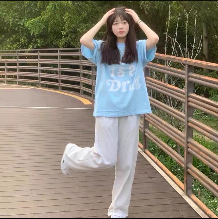 [ FREESHIP ] Set bộ nữ đi chơi dễ thương, áo thun nữ form rộng tay lỡ phối quần dài ống suông thời trang siêu h.a.c.k dáng, có bán lẻ áo [ SET DÀI XANH DƯƠNG]