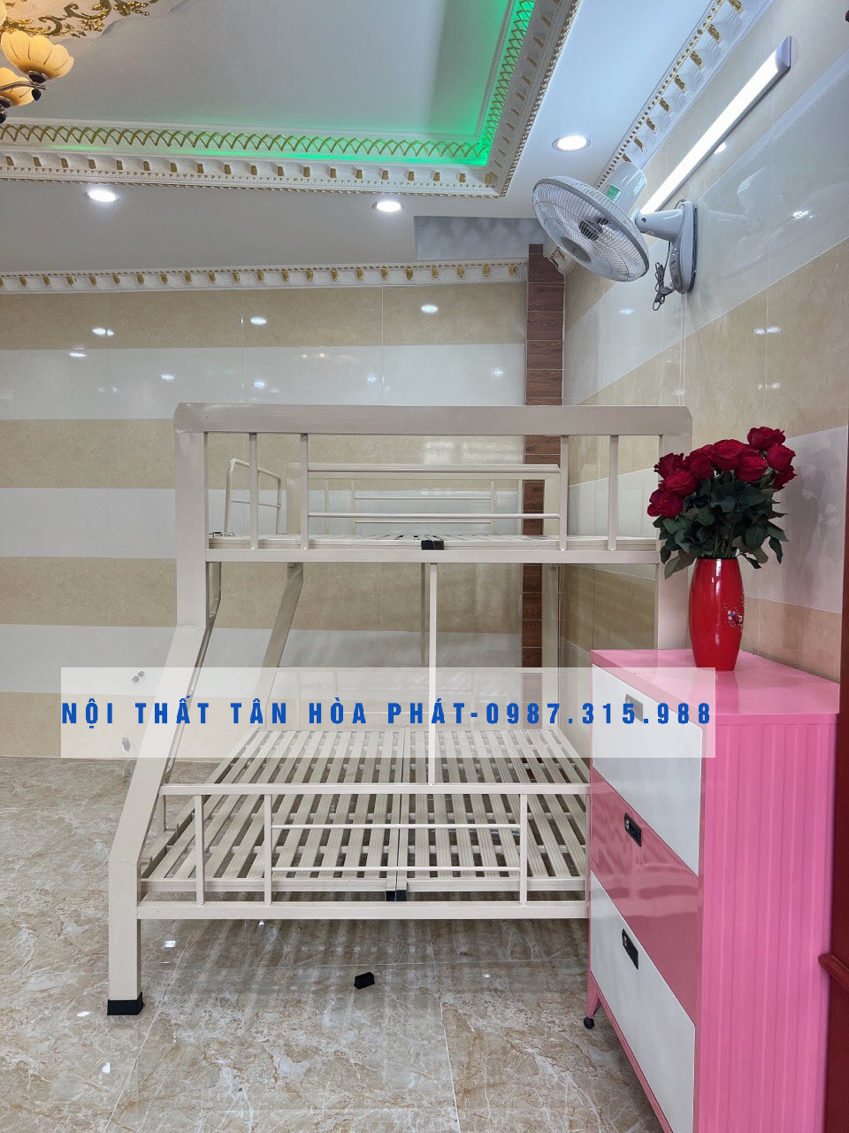 Giường sắt tầng trên 1m dưới 1m4 dài 2m sắt 4x8 màu kem cao cấp free vận chuyển tp.hcm