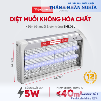 Đèn bắt muỗi Điện Quang ĐQ EML05L (485x65x250mm) - Công suất 5w, Phạm vi sử dụng 40m2 - Bảo hành 12 tháng chính hãng