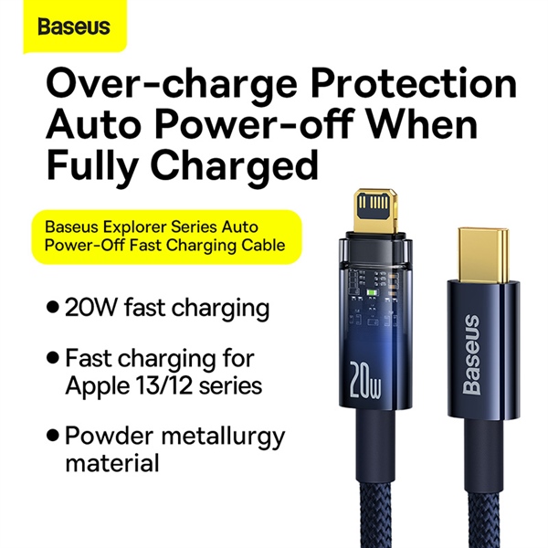 Cáp sạc tự ngắt và truyền số liệu cho iPhone Baseus Explorer Series Auto Power-Off Fast Charging Data Cable 20W
