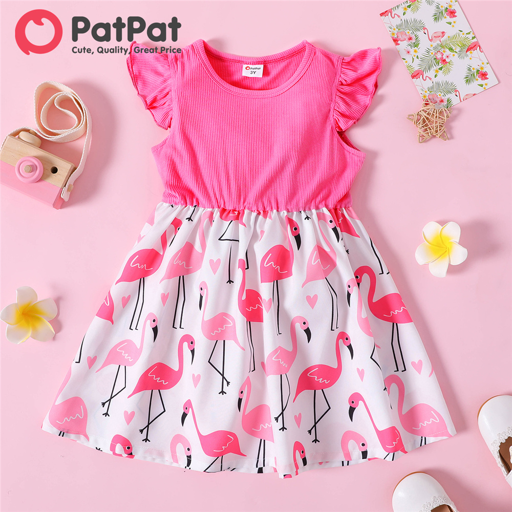 PatPat Toddler Girl Clothes Ribbed Flamingo Allover Ruffle Decor Flutter