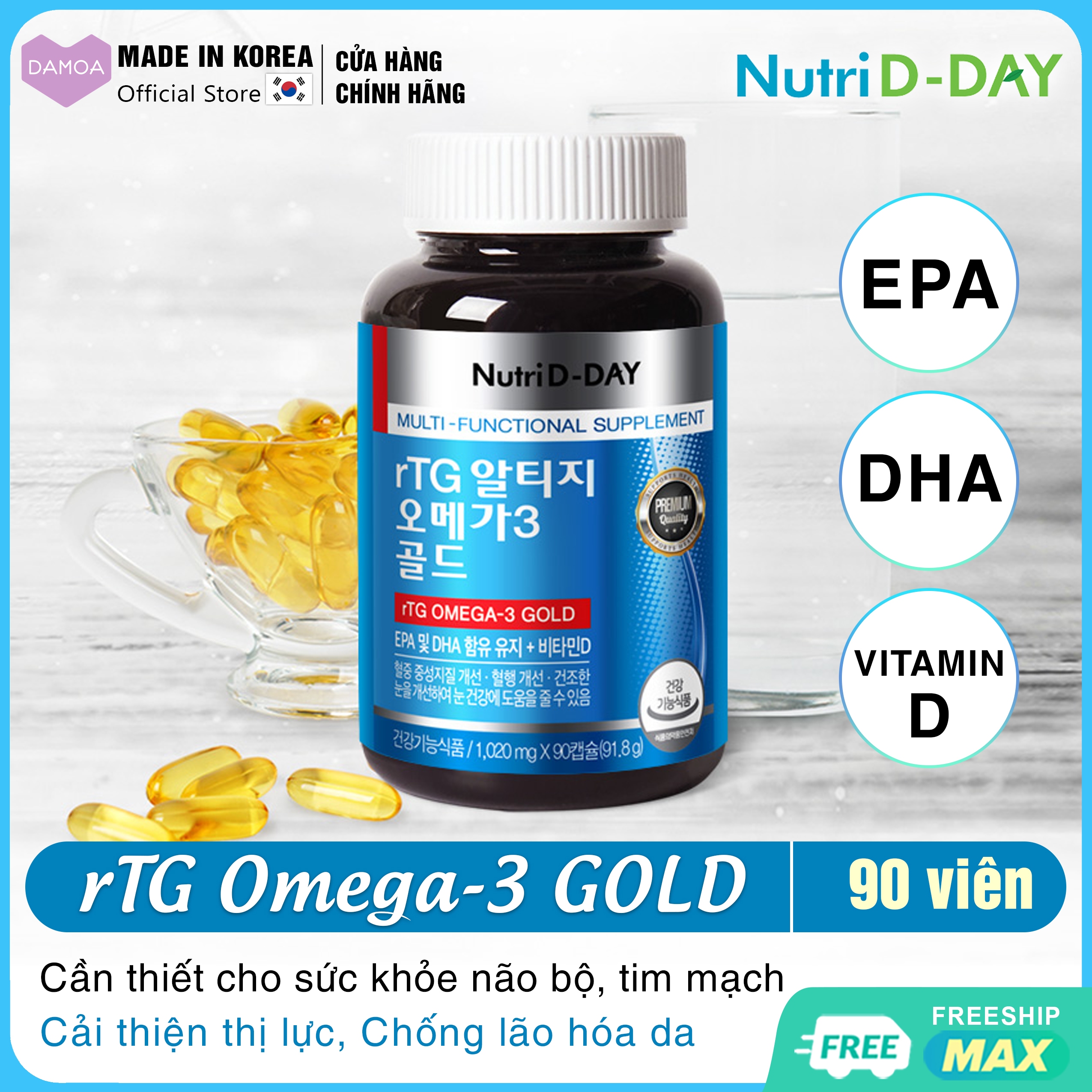 Lọ 90 Viên Uống rTG Omega-3 GOLD NUTRI D-DAY Hàn Quốc EPA, DHA