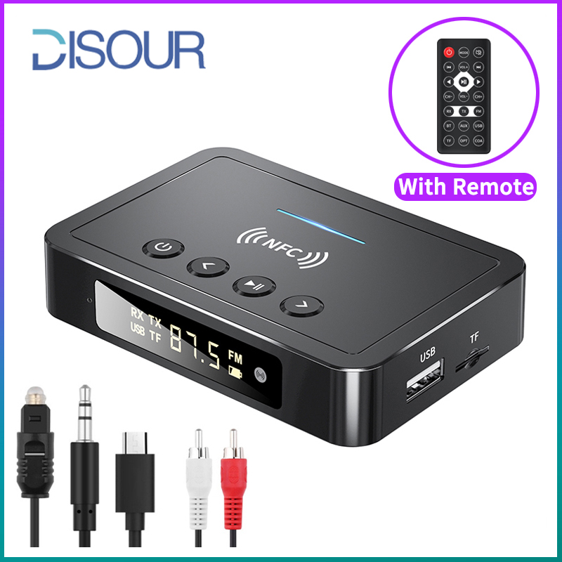 Disour bộ thu phát âm thanh bluetooth 5.0 màn hình kỹ thuật số led nfc bộ chuyển đổi không dây micrô fm tf/u-disk đồng trục quang aux rca 3.5mm