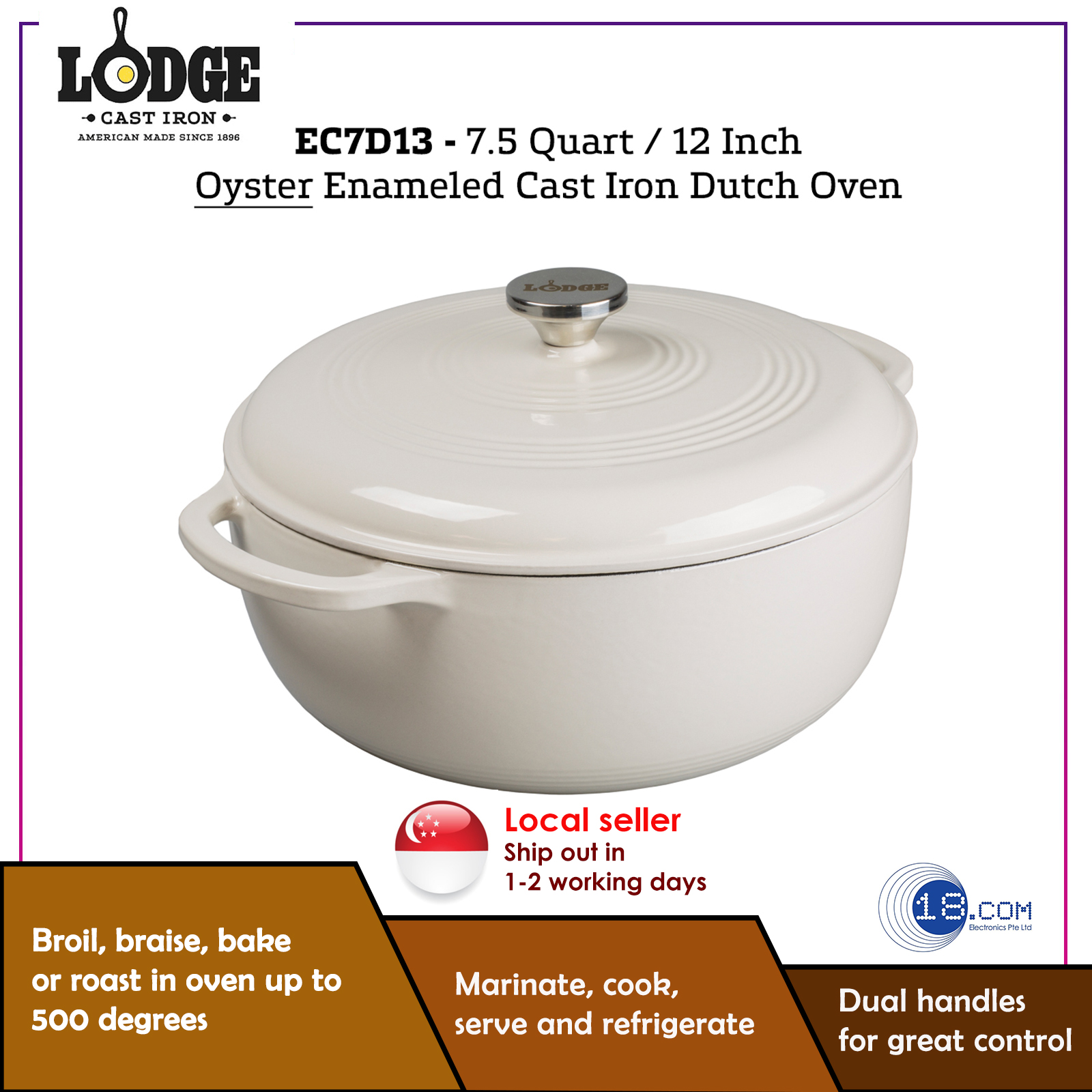 Lodge Manufacturing EC7D13 Oyster Enamel Cast Iron 7.5 Qt. Dutch Oven