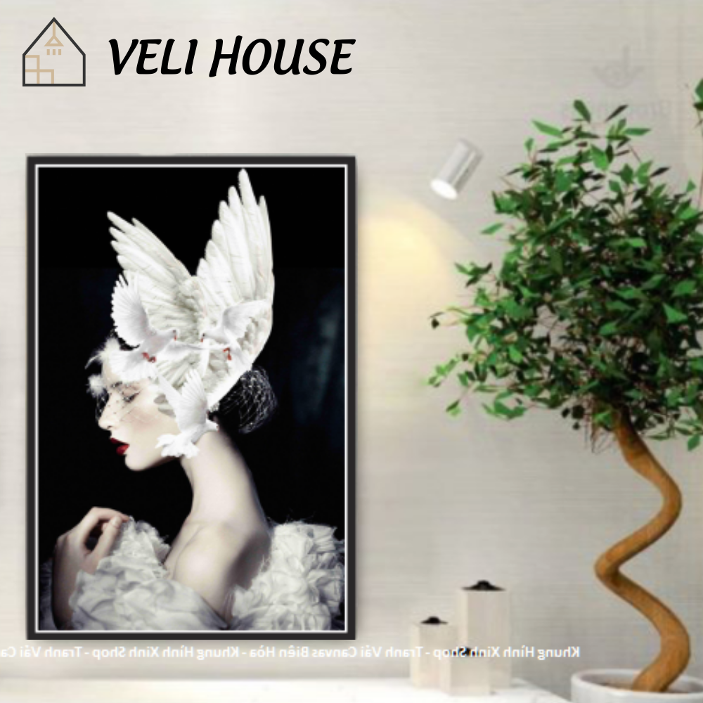 [ Size 40x60 cm ] Tranh vải canvas trang trí tường kcv32 - Cô gái & đôi cánh - Kèm khung - Veli hous