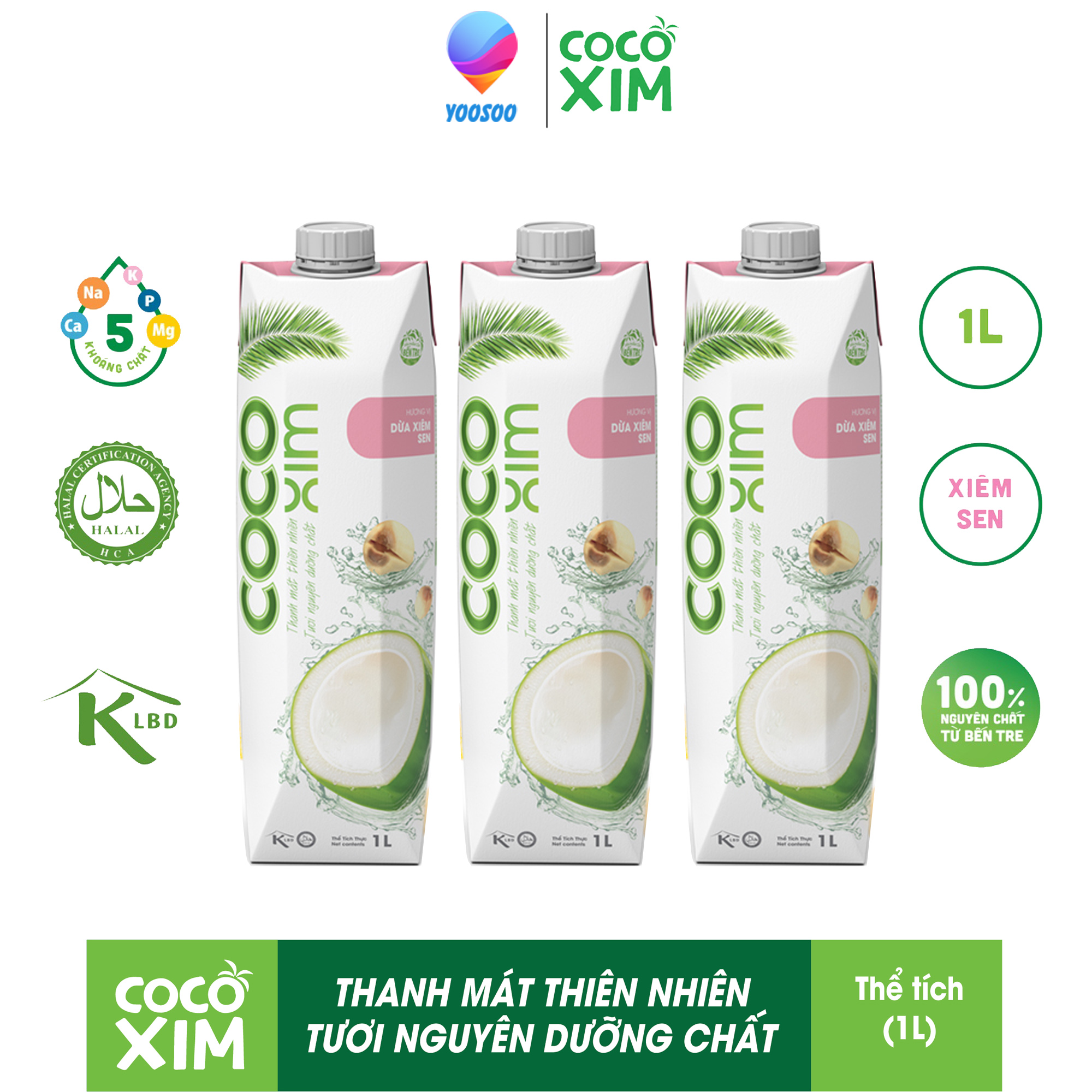 Combo 03 hộp nước dừa xiêm sen 100% dừa tươi nguyên chất 1000ml - thương hiệu cocoxim - yoosoo mall