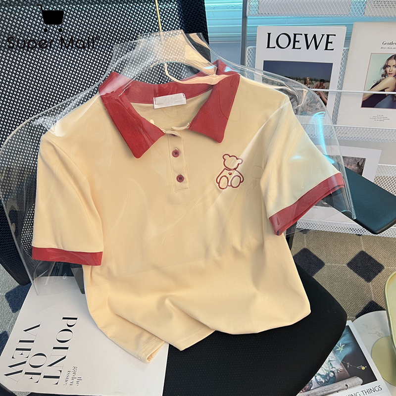 Super Mall Áo Thun Ngắn Tay Thêu Cổ POLO Cho Nữ Cạp Cao Có Ve Áo Thiết Kế Phong Cách Ngắn Mới 2022 Mùa Hè Cho Nữ