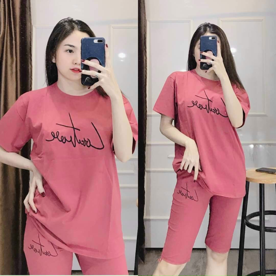 Đồ bộ thun nữ set đồ bộ quần lửng ngố mặc nhà cotton 4 chiều thêu chữ ký lửng db4