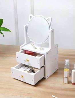 Gương trang điểm ,Gương trang điểm để bàn -Kệ đựng mỹ phẩm- Kệ Mỹ Phẩm Đa Năng Có Ngăn Kéo - Gương trang điểm để bàn, Gương trang điểm - Tủ gỗ để đồ trang điểm trang sức hình mèo, Gương để bàn mini