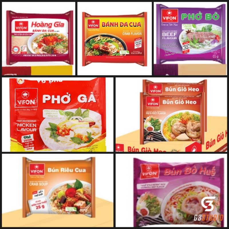 Phở gà/bò Vifon 65g/bánh đa cua hoàng gia 120g/ bánh đa cua 60g/ Bún riêu cua 80g/ bún giò heo 65g/ bún bò huế 65g