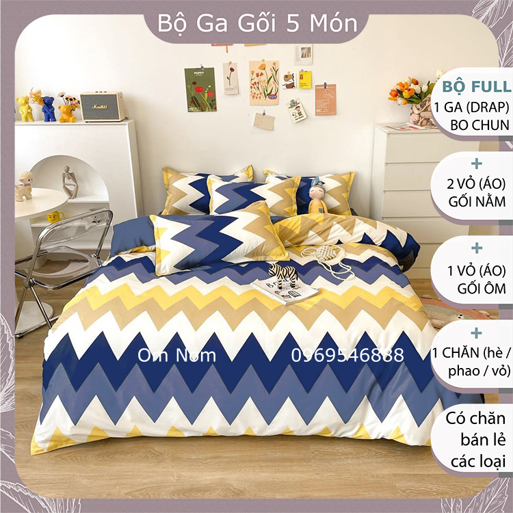 Bộ chăn ga gối 5 MÓN đẹp Hàn Quốc chất cotton poly: 1 drap giường + 2 vỏ gối + 1 vỏ ôm + 1 chăn, họa tiết SÓNG VÀNG hiệu ứng thị giác