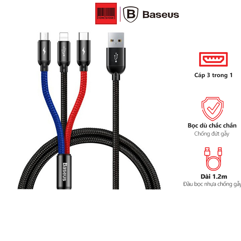 Cáp sạc và truyền dữ liệu tốc độ cao Baseus Three Primary Colors tích hợp 3 đầu kết nối Type C, Android và Lightning