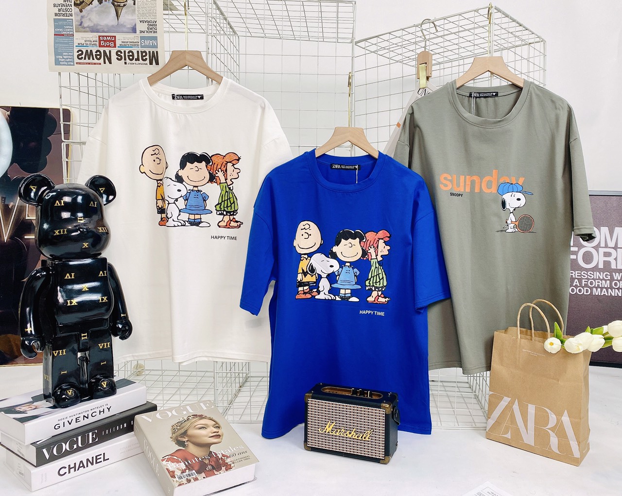 Áo thun nữ ngắn tay cổ tròn in hình Peanuts Happy time chất cotton 100%