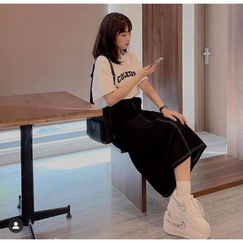 Chân váy bò đen Ulzzang chỉ nổi phong cách Hàn Quốc cạp chun xẻ tà đầm nữ