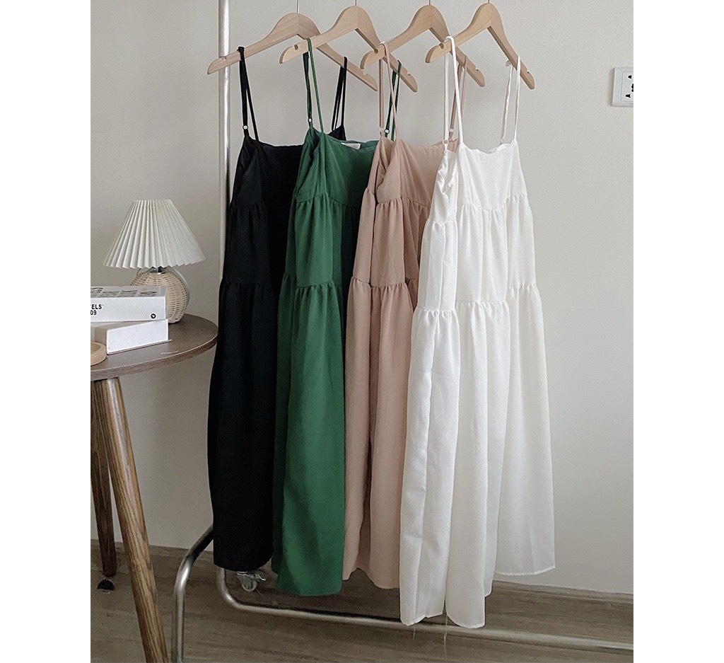 Freeship Váy 2 dây - váy maxi babydoll vải đũi mềm dáng rộng màu be