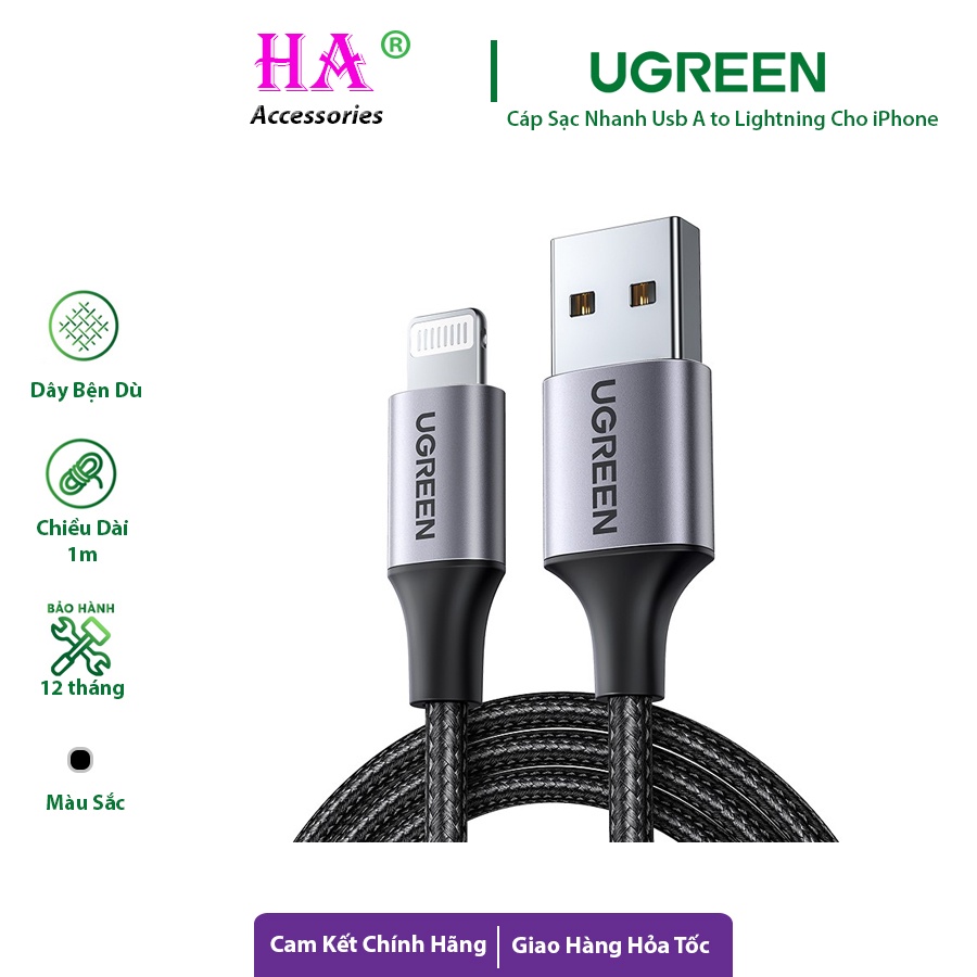 Cáp Sạc Ugreen Usb A to Lightning dài 1m, Chuẩn MFi bện dù siêu bền, Sạc Cho iPhone