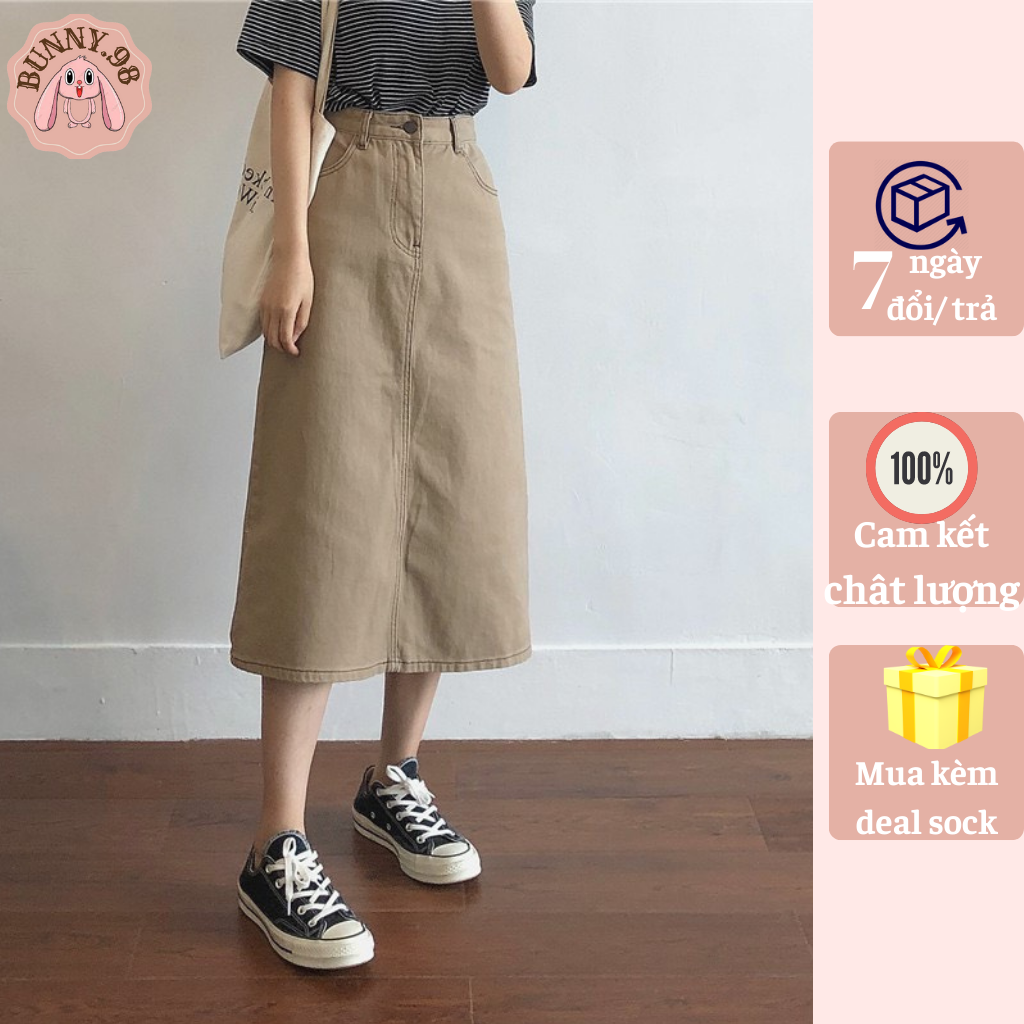 Chân váy kaki chữ A dáng dài vintage