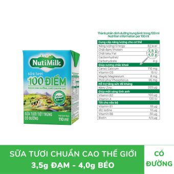 NutiMilk Sữa tươi 100 điểm - Sữa tươi tiệt trùng Có đường 110ml STCD110CRN - Thương Hiệu NUTIFOOD - CIRINO