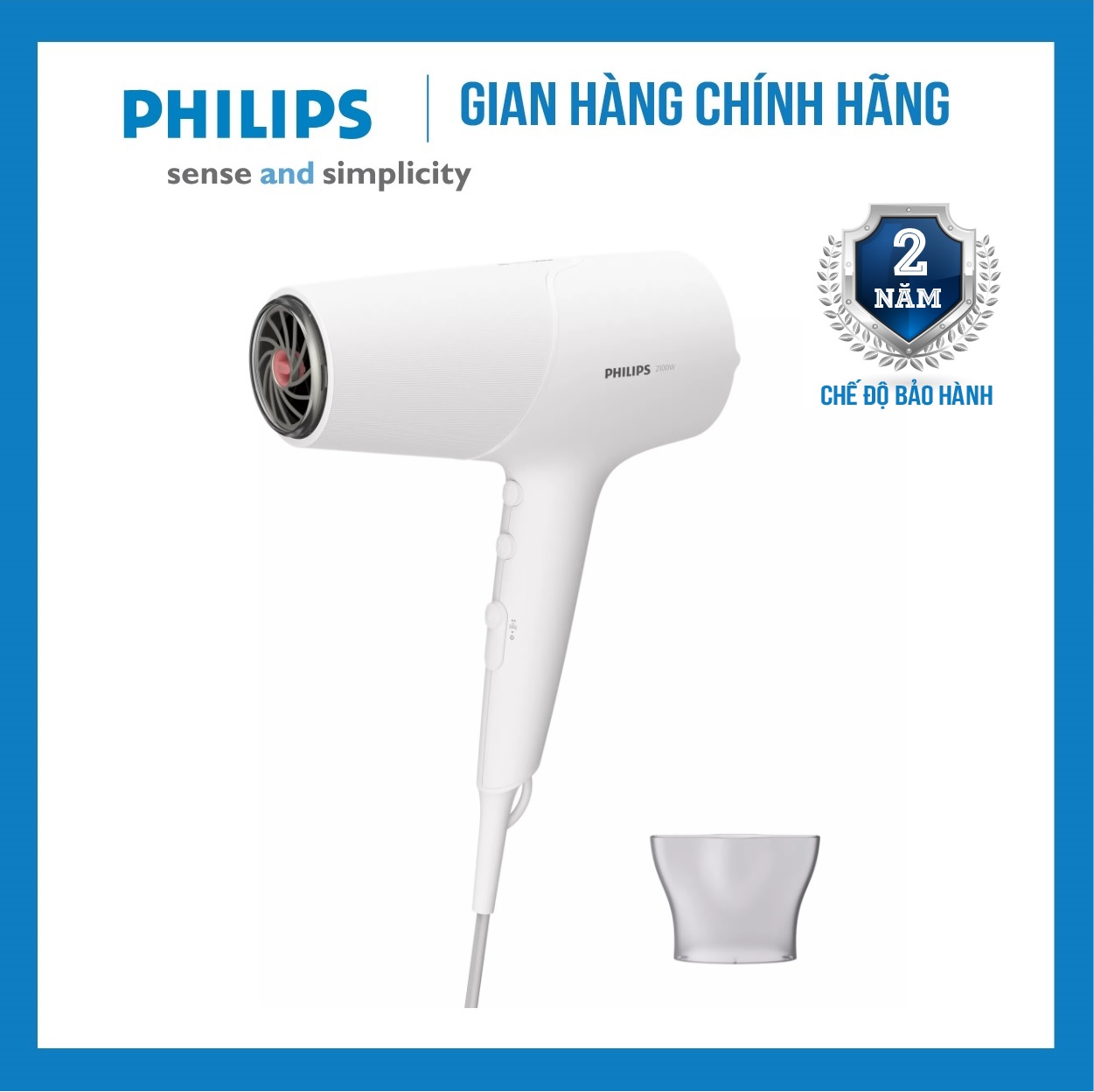 Máy sấy tóc Philips BHD500 màu trắng - 2100W, sấy nhanh khô, 6 chế độ sấy , an toàn cho tóc, bảo hành 2 năm chính hãng