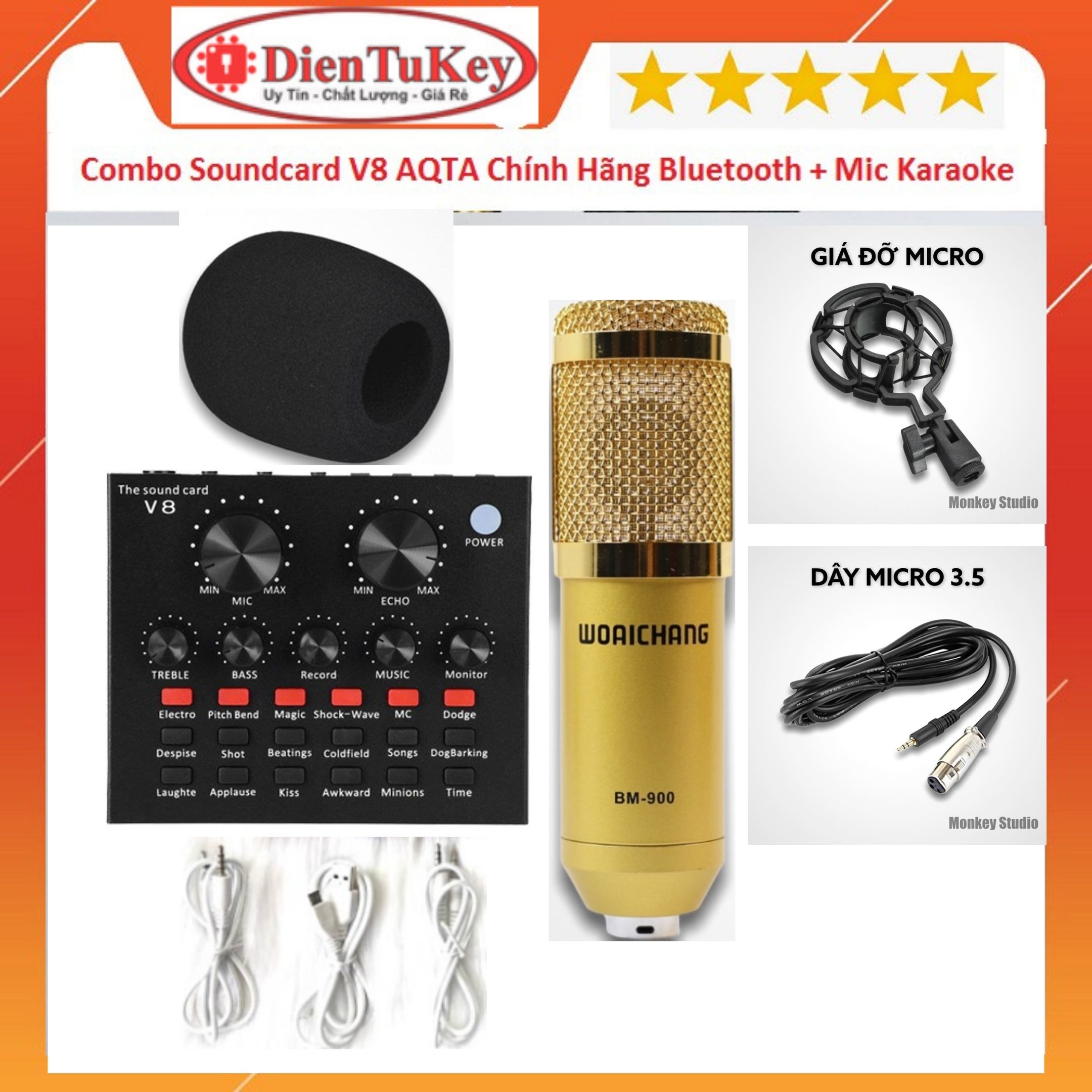 Combo soundcard v8 aqta bluetooth + mic karaoke livetream bm 900, có autotune chuẩn phòng thu