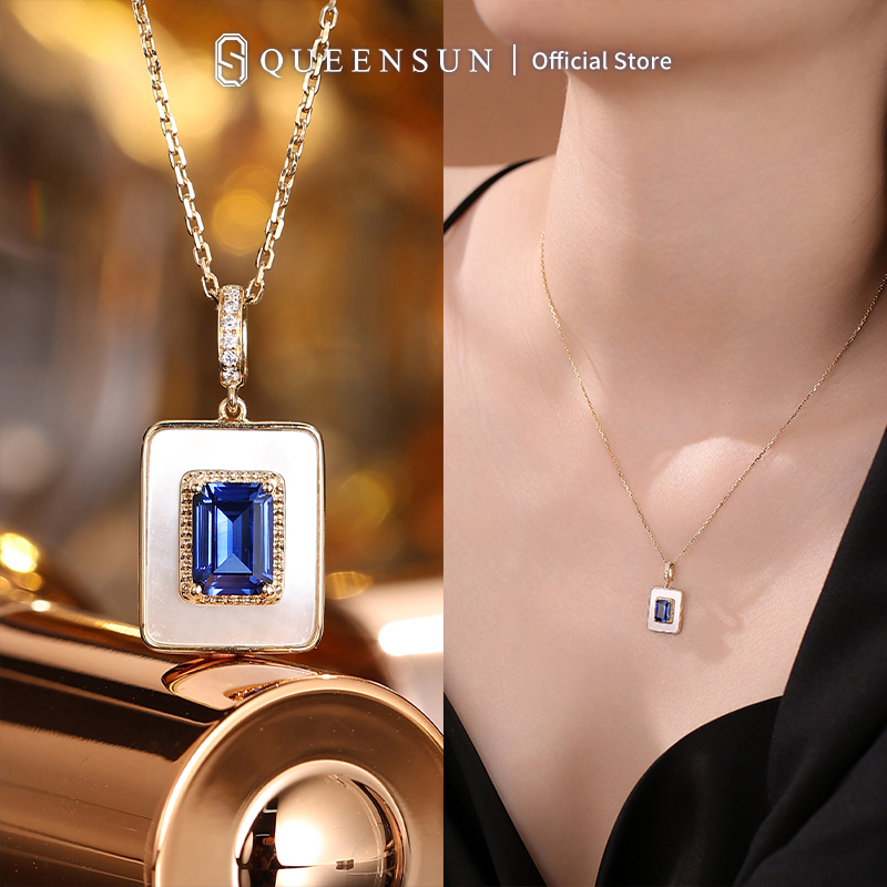 QUEENSUN 18k gold jewellery Sapphire pendant Necklace for women lab grown Diamond Pendant Necklace Custom necklace  Necklace for women  friendship necklace，chain for men，蓝宝石吊坠女士项链