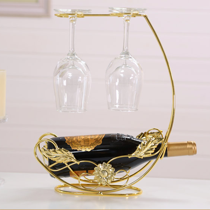 Kệ để vang kèm giá treo 4 ly, Giá đỡ chai rươu vang để bàn kèm treo ly sang trọng decor nhà bếp, Kệ rượu treo 4 ly sang trọng