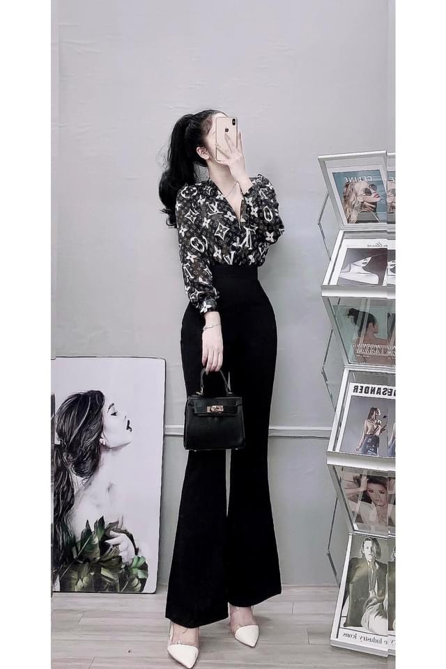 Quần dài nữ màu đen ống loe lưng thun co giãn bigsize - Phương Thúy Bigsize