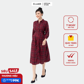 Đầm Cổ Đức Nẹp Cúc, Đai Eo-Kẻ Caro Đỏ Đen By Lamer