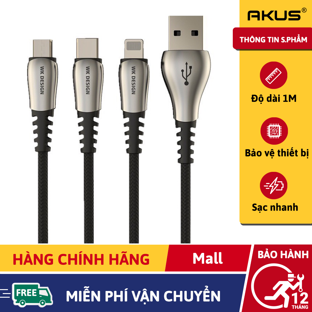 Dây sạc iphone/micro/typeC Akus D312Pro - Hàng chính hãng bảo hành 12 tháng