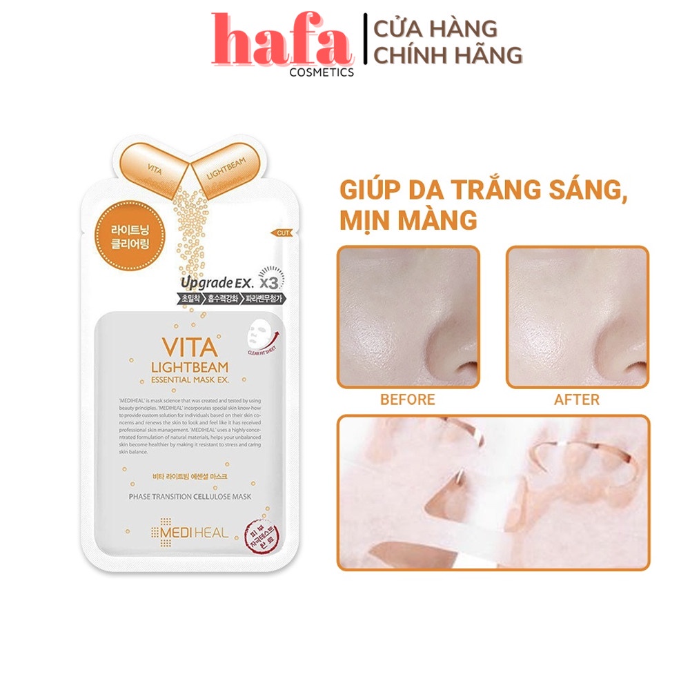Combo 10 Mặt Nạ Dưỡng Trắng Sáng Da, Làm Mờ Thâm Chiết Xuất Vitamin Mediheal Vita Lightbeam Essential Mask Ex 24ml x10 _ Mediheal Chính Hãng