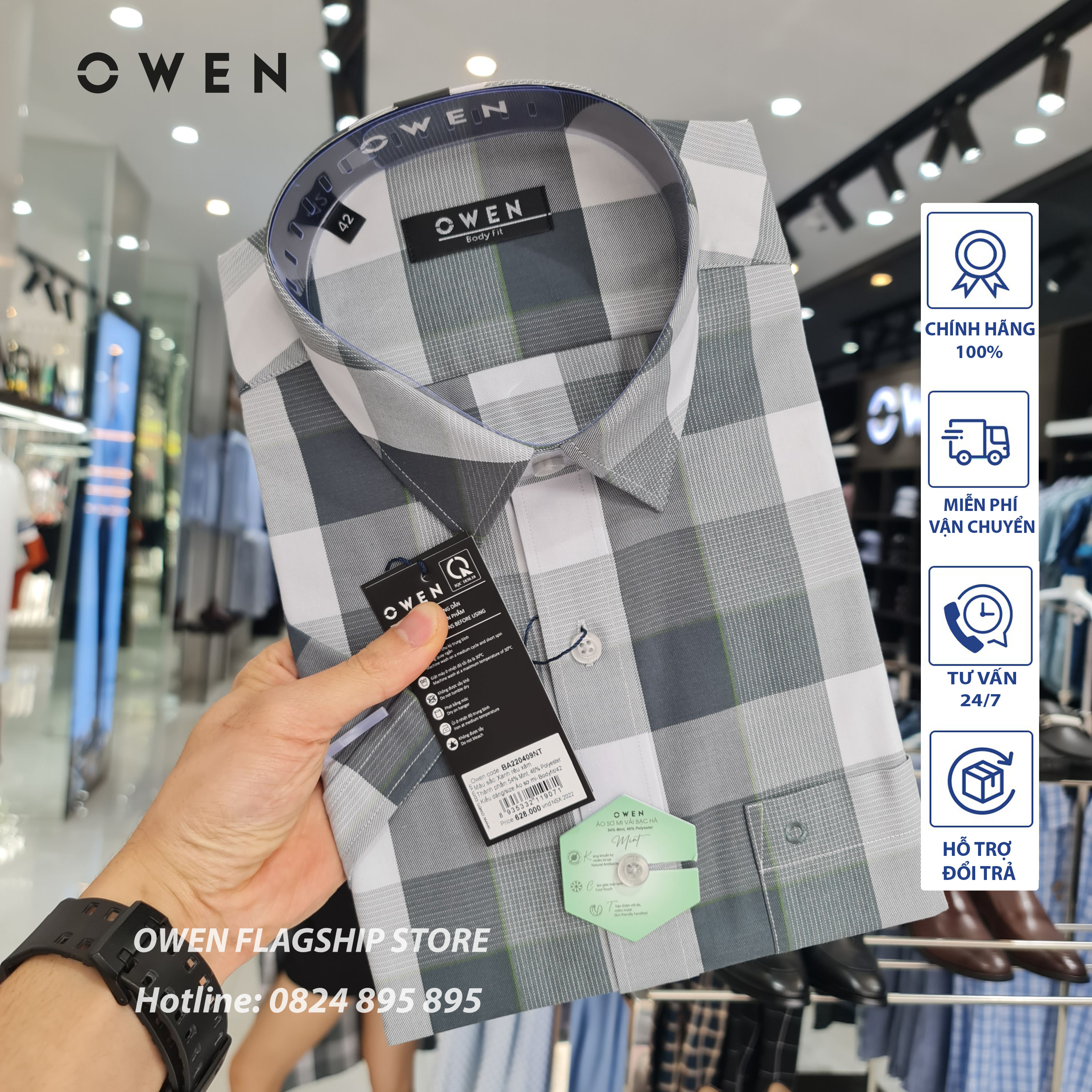 OWEN - (FREESHIP) Áo Sơ mi nam cộc tay dáng BODYFIT sợi Bạc Hà - Mã BA220409NT - OWEN Flagship Store