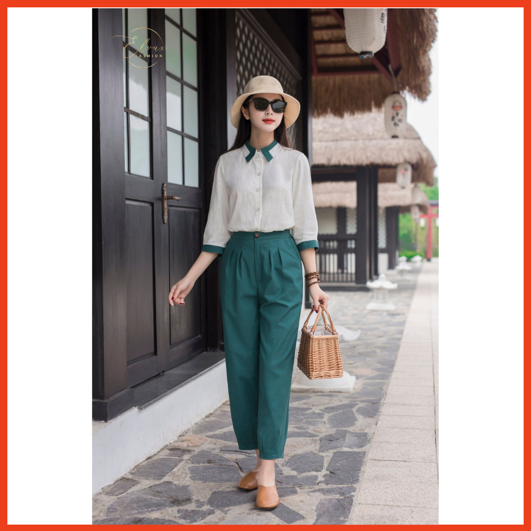 Bộ đồ công sở nữ áo sơ mi polo tay lửng quần dáng dài ống suông chất liệu linen gân xước