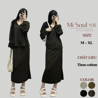 Set Bộ Dài Tay Nỉ Tăm Trơn Có Mũ BigSize Nữ MiSoul, Bộ Thu Đông BigSize Nữ Dài Tay Kèm Chân Váy Cùng Màu 219